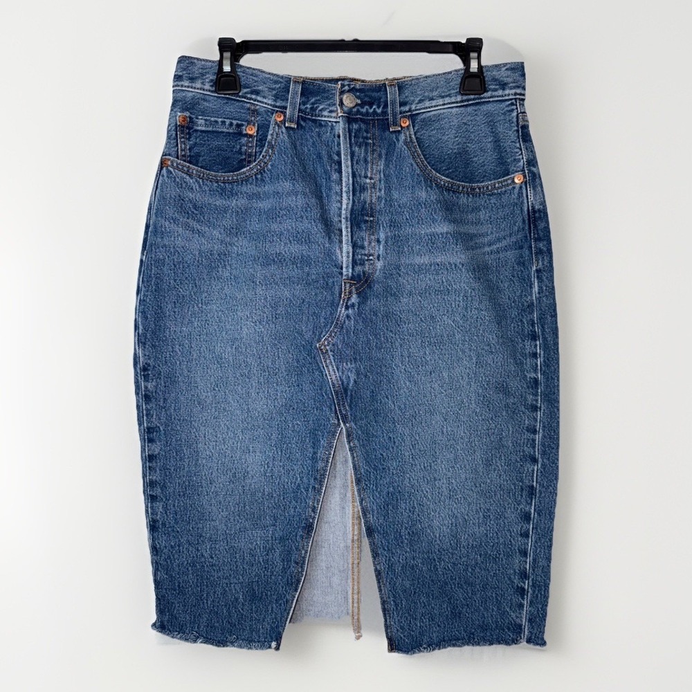 Levi's Denim Midi Skirt Womens 30 Blue Button Fly Raw Hem Y2K Slit Medium Wash